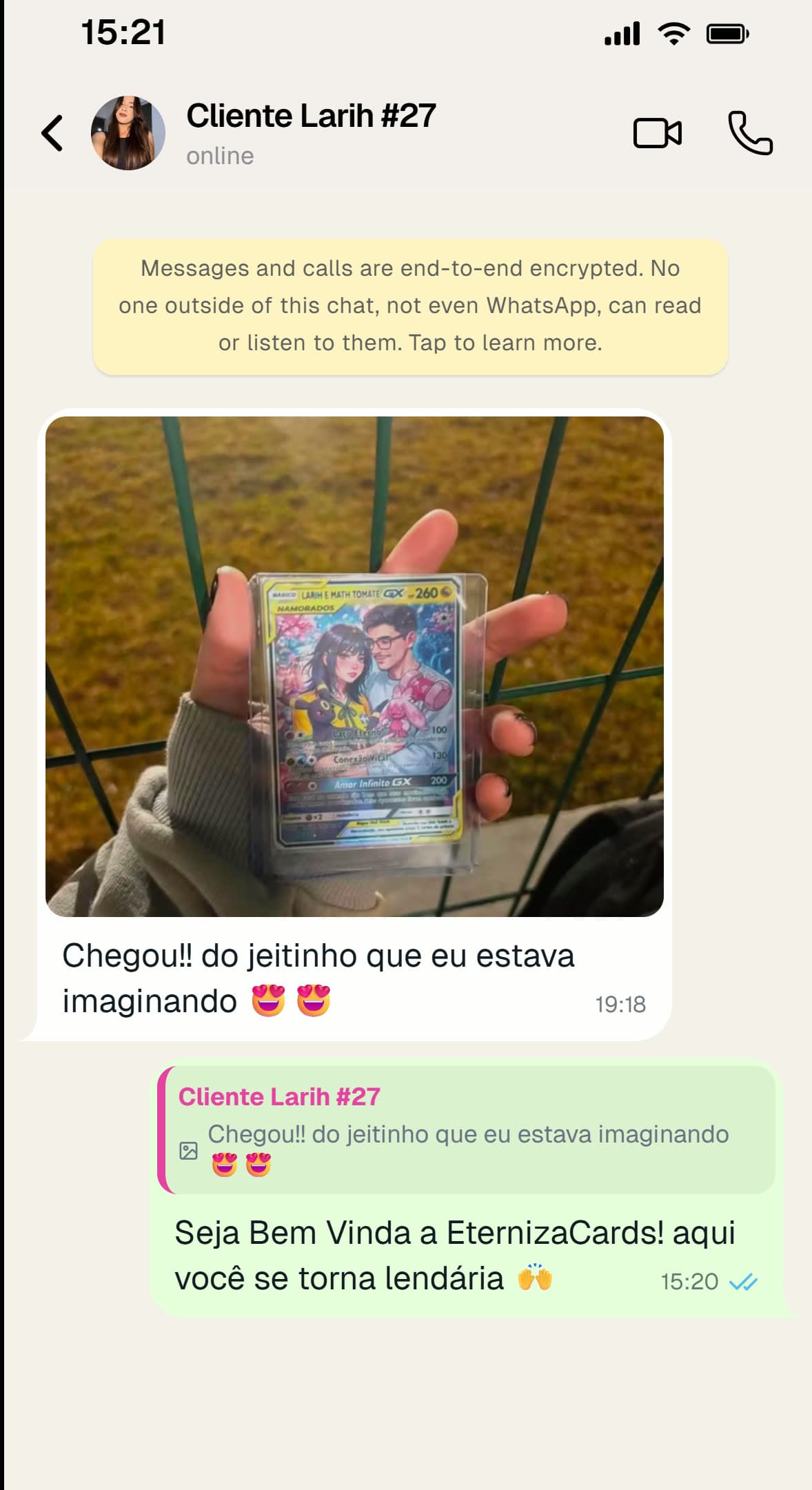 Print de conversa com Larih mostrando a carta recebida